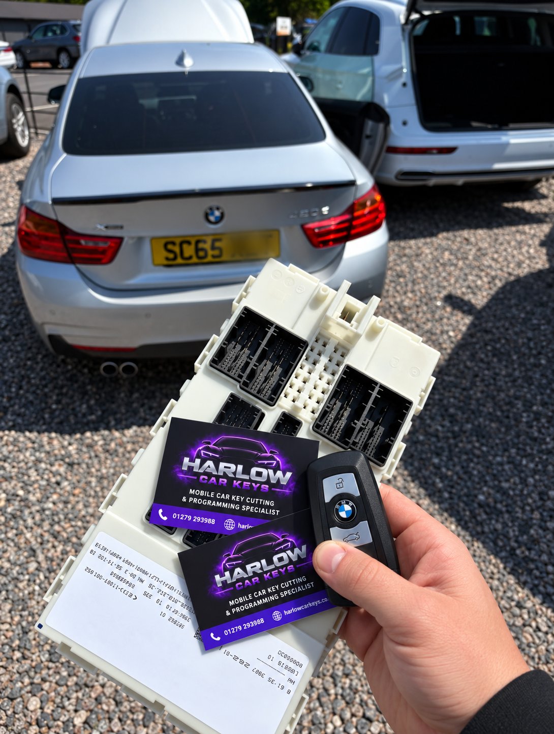 Newly made key for a 2015 BMW 420d, held in front of the car with Harlow Car Keys business cards